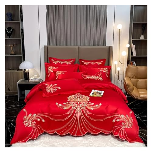 AYCDL Bettwäsche-Set, Luxuriöses Bettwäsche-Set Aus Ägyptischer Baumwolle Mit Federstickerei, Bestehend Aus Bettbezug, Laken Und Kissenbezügen,Red-Fitted Bed Sheet_Queen