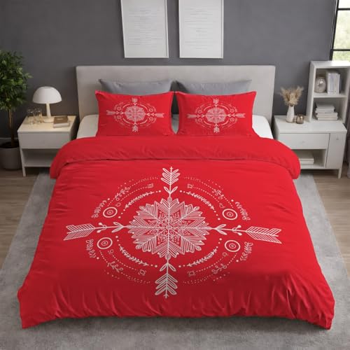 Rot Weiß Bettwäsche Set (200 x 200) - Flauschige Bettwäsche - Atmungsaktiv Warm Hautfreundlich - Weiche Bettwäsche - Mit Reißverschluss - Abstrakt Pfeil Schneeflocke Festlich