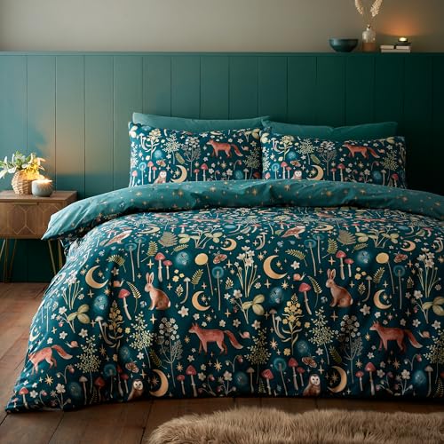 Catherine Lansfield Enchanted Twilight Wende-Bettwäsche-Set für Doppelbett mit Kissenbezügen, Waldgrün