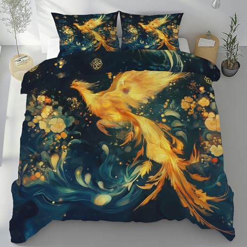 Meugesoi Bettwäsche 155x220cm Orientalisch Mythos Phönix Bettbezug aus Microfaser Weiche Schöne Atmungsaktiv Fantasy Blumen Bettwäsche Set - Bettbezug mit Reißverschluss und 2 Kissenbezug 80x80cm