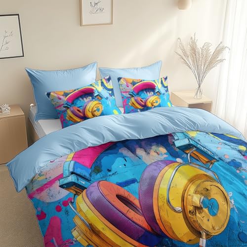 Cartoonkopfhörer Im Doodlestil Bettwäsche 135 x 200 cm - Bettwäsche-Sets 2er Set, mit 1 Kissenbezüge 80 x 80 cm, Hellblau Microfaser Wendebettwäsche, Hypoallergen, Ganzjahres