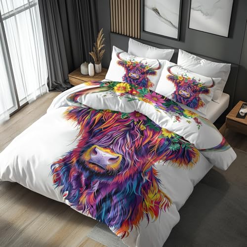 Generisch Mikrofaser Bettwäsche 135x200 Hochlandrind 2tlg - Landhausstil Blumen Wendebettwäsche Deko, Weiche Bügelfreie Bettbezug mit Reißverschluss, 1 Kissenbezug 80x80 AA832