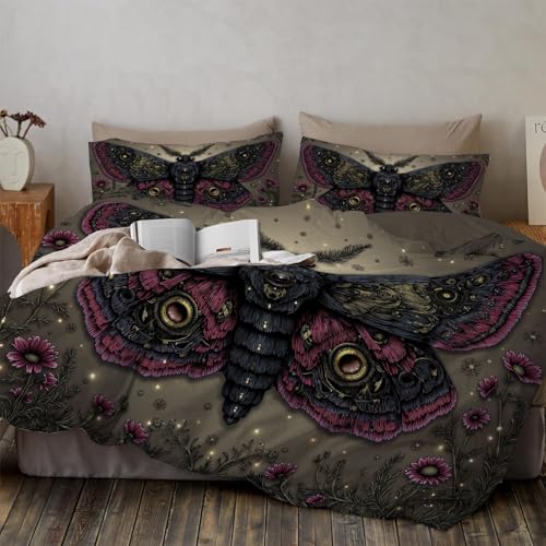 WunM Studio Bettwäsche 135 * 200cm Beige Steampunk-Tiermotte Bettbezug Set 3 Teilig Gothic-Horror-Stil Blümchen Blumenmuster Weich Bettwäsche-Sets mit 2 Kissenbezüge 80x80 cm und Reißverschluss