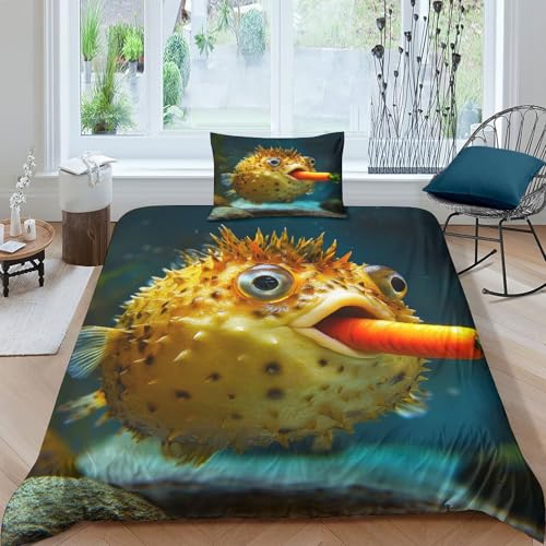 RIAVBAODG PufferFisch 3D Gedruckt Bettwäsche Set Kugelfisch 2 Teilig 100% Mikrofaser Bettbezug Mit Reißverschluss Luxus Modern Bettwäsche Bettbezug Für Jungen Mädchen Single?135x200cm?