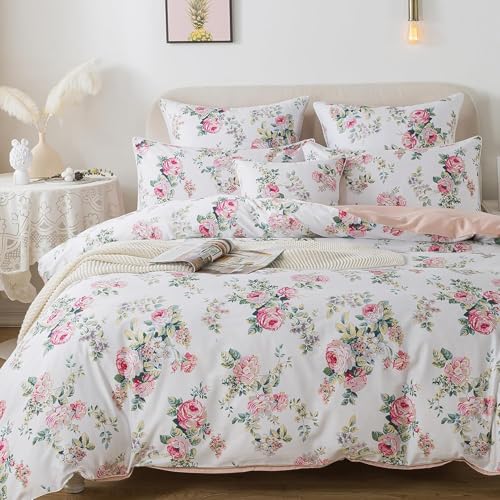 USTIDE Bettbezug-Set für King-Size-Betten, rosa Rose, Blumenmuster, Shabby-Pfingstrose, Vintage-Stil, Bauernhaus-Bettwäsche, 100 % Baumwolle, weiches Bettdecken-Set mit verstecktem Reißverschluss, 3
