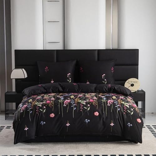 Cotton Market Bettwäsche - Bettwäsche-Sets 3 Teilig - Bettbezug 135x200 cm und 1 Kissenbezug 70x80 cm - Blumenwiese(Schwarz)