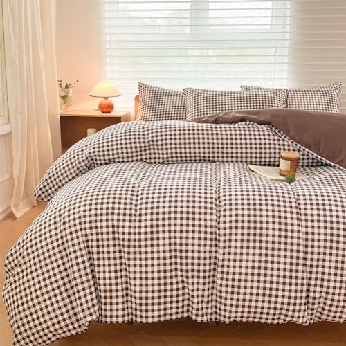 NSNLGSGC Mokka Gingham-Bettwäsche-Set, Doppelbett, dunkelbraunes Raster, einfaches geometrisches quadratisches Muster, Bettdeckenbezug, weiche karierte gewaschene Mikrofaser (2 Stück, Doppelbett)
