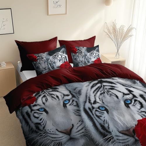 Tiere Tiger Blume Rose Bettwäsche 180 x 200 cm - Bettwäsche-Sets 3er Set, mit 2 Kissenbezüge 80 x 80 cm, Dunkelrot Microfaser Wendebettwäsche, Hypoallergen, Ganzjahres