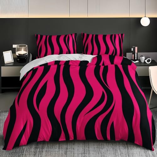 Bettbezug 135x200 cm Weich Bügelfrei Erwachsene Bettwäsche 3-teiliges - Schwarzes Zebra-Muster Bettwäsche-Sets mit 2 Kissenbezug 80x80, Leuchtendes Pink Bettbezug für Einzelbett mit Reißverschluss