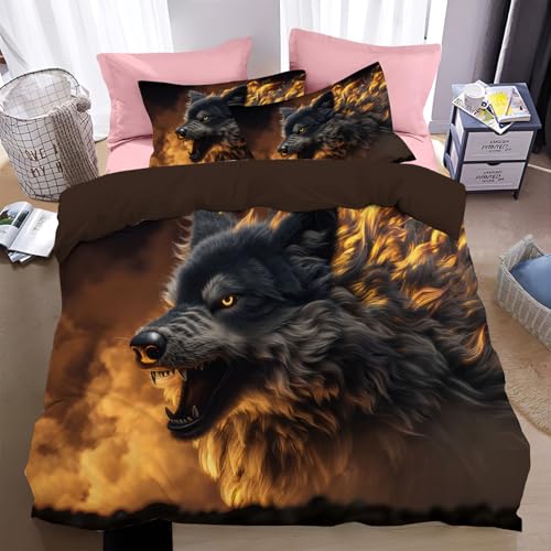 WunM Studio Bettwäsche 135 * 200cm Schwarz Wütender Flammenwolf Bettbezug Set 2 Teilig Surrealistische Tiere Blümchen Blumenmuster Weich Bettwäsche-Sets mit 1 Kissenbezüge 80x80 cm und Reißverschluss