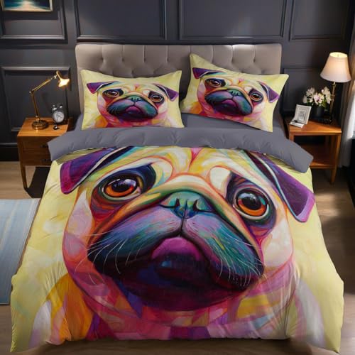 Tier Mops Bettwäsche Set 155x220 cm 3 teilig Mikrofaser 3D Bettbezug Aquarell mit Reißverschluss inklusive 2 Kissenbezüge für Kinder Teenager Allergiker Bettwäsche