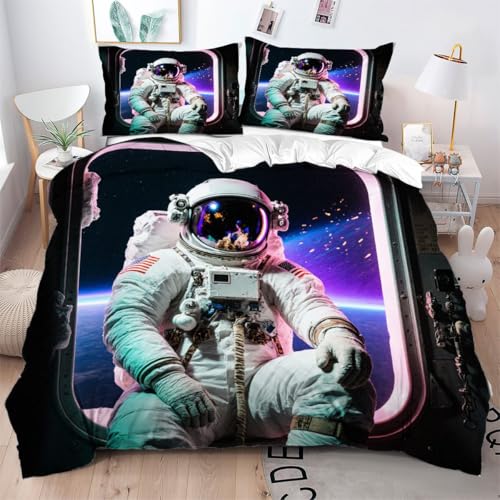ZZXHG Bettwäsche Mikrofaser 3teilig Astronauten-Kinder, Bettbezug 135 x 200 mit Reißverschluss, Bettwäsche-Sets Kinder Einzelbett, 1 Bettbezüge + 2 Kissenbezug 80x80 cm_A5252