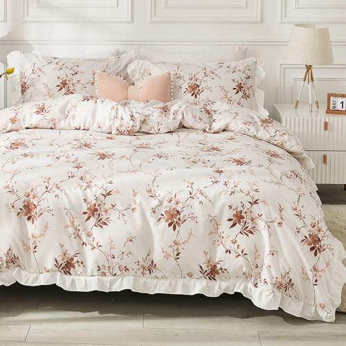 Tospass Bettwäsche 155x220 Mädchen Weiß Braun Blumen Rüschen Bettwäsche-Sets Aesthetic Kinder Bettwäsche Microfaser ÖKO-TEX Deckenbezug 1 Bettbezug mit Reißverschluss und 1 Kissenbezug 80x80cm