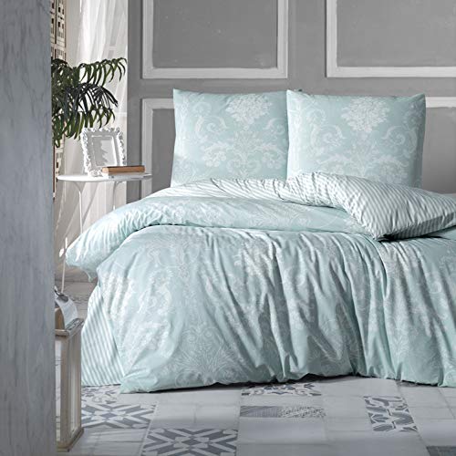 ZIRVEHOME Baumwolle Bettwäsche 155x220 cm. Grün 100% Baumwolle/Renforcé, 2 teilig Wende Baumwolle Bettbezug Weiß Barock Muster,Verdeckter Reißverschluss Model: Alone V2