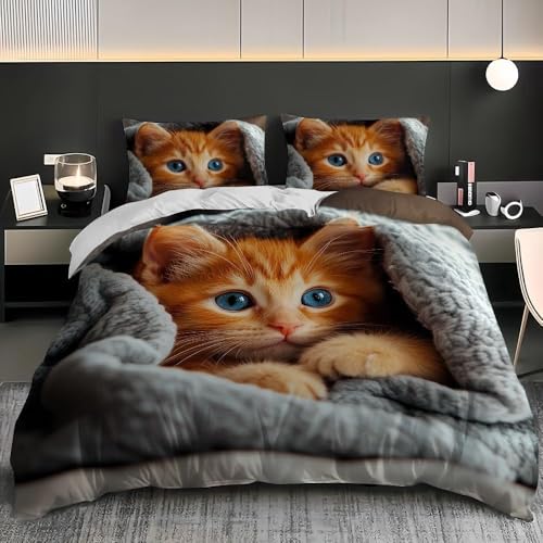 Niedliche Orange Katze Bettwäsche 155x220 Tiermotive Bettwäsche-Sets für Kinder Jungen Bettbezug Set 3D Druck Bettbezüge Weiche Mikrofaser mit Reißveschluss und 2 Kissenbezüge B.3664