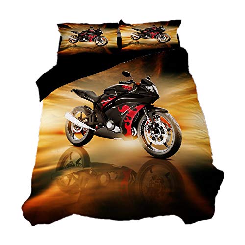 Bettbezug Set, Morbuy 3D Motorrad Doppelbett Dekoratives Zimmer Nicht Eisen Quilt Kissenbezug Bettwäsche Sets 3 TLG (F,220x240cm)