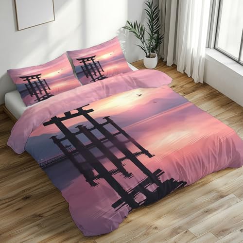 Generisch Bettwäsche 200x220cm Japanisches Torii 3-Teilig, Bettbezug Orientalisch Sonnenuntergang Soft Angenehm Bettwäsche-Sets Mikrofaser, mit Reißverschluss + 2 Kissenbezüge L-58