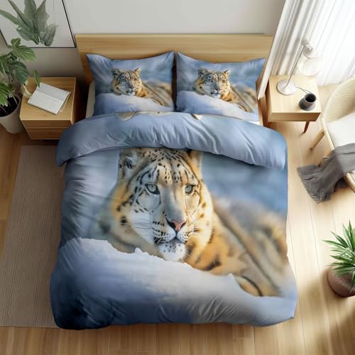Bettwäsche Set Schieferblau Bettbezug 240 x 220 cm Schneetiere Drucke Leoparden 3D-Digitaldruck Bettwäsche-Sets, Weiche Atmungsaktiv Bettbezug mit Reißverschluss und Kissenbezug