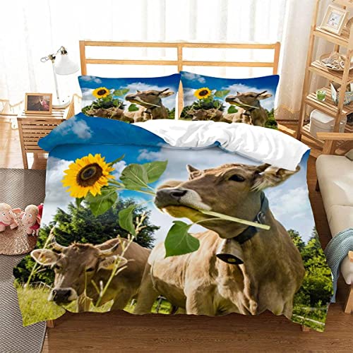 Kuh Tiere Bettwäsche 135×200 Milchkuh-Druck und gelber Sonnenblumen-Druck Kinderbettwäsche mit Reißverschluss Für Kinder Zimmer Dekor Jungen Mädchen 3 Teilig Bettwäsche Set mit 2 Kissenbezüge 80×80