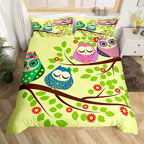 Homewish Eule Tröster Bezug 200x200 Eule Bettbezug Cartoon Baum Bettwäsche Set Blumenzweige Steppdecke Eule Geschenke für Eule Liebhaber Frühling Vogel Bett Schlafzimmer Dekor mit 2 Kissenbezüge Grün