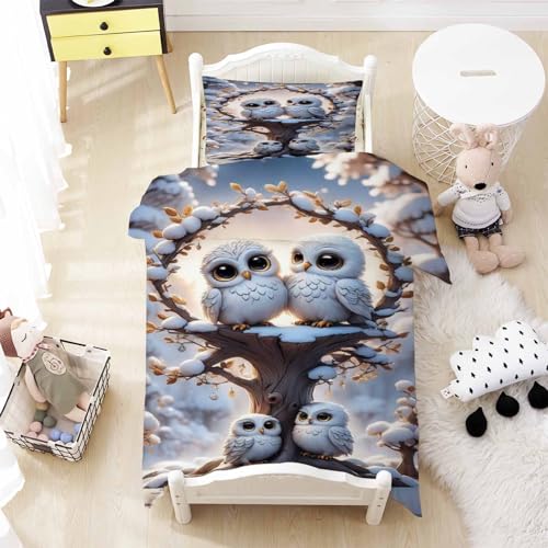 Qiqumax Eule Bettwäsche Set 3D Realistisches Eule Bettwäsche Set, Süßer Owl Motiv Druck Design Bettbezug Für Jungen Mädchen Kinder (2,135 x 200 cm)