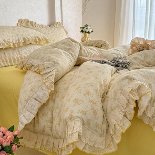 GETIYA Gelb Hellgelb Blumen Bettwäsche 135x200 Baumwolle Doppelgarn Bettwäsche Rüschen Vintage Bettbezug Damen Mädchen Weich Baumwollgarn Deckenbezug Floral Muster mit 1 Kissenbezug 80x80