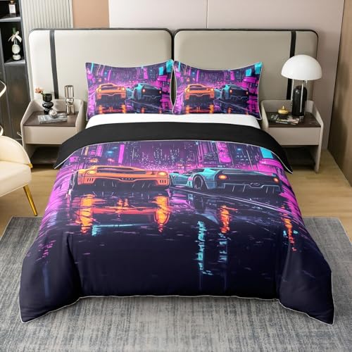 Loussiesd Rennauto 100% Baumwolle Bettwäsche Set 135x200cm Automobil Bettbezug für Jungen Mädchen Teens Geschwindigkeit Sport Auto Betten Rennauto Bettwäsche-Set Zimmer Dekor Orange Rose
