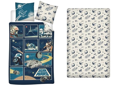 AYMAX Bettwäsche, 3-teilig, Star Wars Classic für Einzelbett, 100 % Baumwolle, wendbarer Bettbezug 140 x 200 cm, Kissenbezug 65 x 65 cm + Spannbettlaken 90 x 190 cm