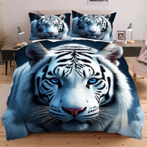 Dozrmey Bettwäsche 200x200 Weißer Tiger, Bettbezug Set 200x200 für Doppelbett mit Reißverschluss, Weiche Atmungsaktive Bettwäsche für Sommer, frühling und Winter