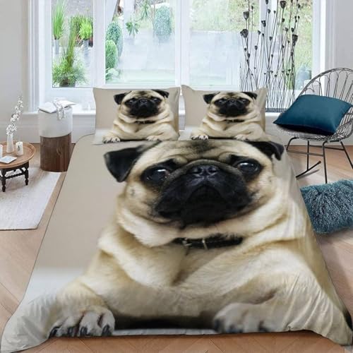 Bettwäsche 135x200 Mops Bettwäsche Sets Niedliche Tiere Bettenset 3D Druck Weich Microfaser Kinderbettwäsche mit Reißveschluss und 2 Kissenbezug für Jungen Mädchen J.248