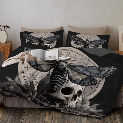 WunM Studio Bettwäsche 135 * 200cm Schwarz Gothic Dark Animals Bettbezug Set 3 Teilig Schädelmotte Blümchen Blumenmuster Weich Bettwäsche-Sets mit 2 Kissenbezüge 80x80 cm und Reißverschluss