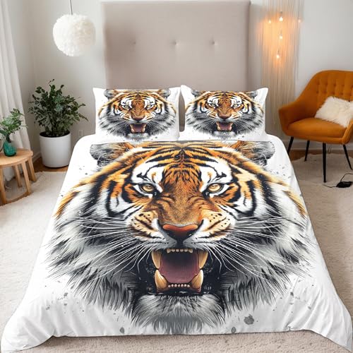 Bettwäsche-Sets Tiger Bettwäsche 135x200 Kinder 3 Teilig Atmungsaktive Mikrofaser 3D Effekt Artikel Tier Bettbezüge Mit Reißverschluss Und 2 Kissenbezüge 80x80 cm