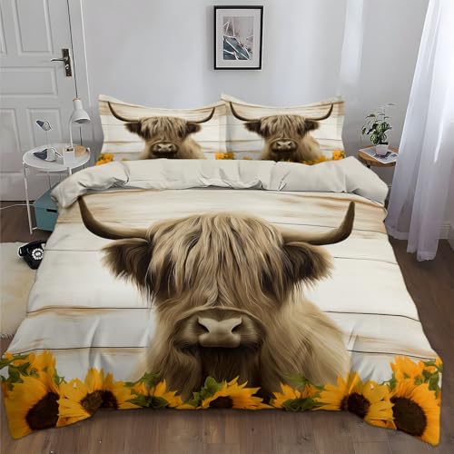 Srigzcaly Bettwäsche Set 135x200 cm Landhausstil Tier Highland Kuh Weiche Microfaser Bettbezug Set für Jungen Mädchen, Beige Betten Set mit Reißverschluss und Kissenbezüge
