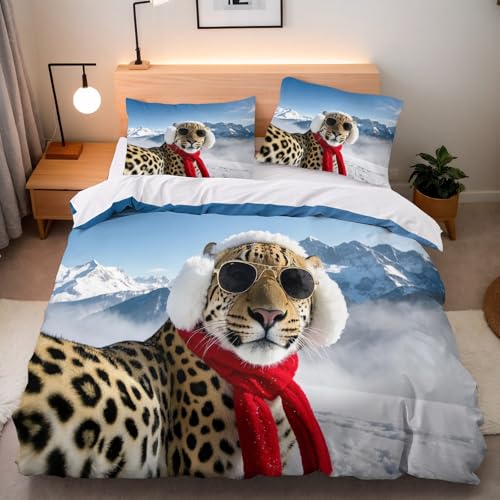 Generisch Bettwäsche 200x220 Leopard Bettwäsche-Sets 3 Teilig 2 Pillowcases 80x80 cm Bettbezug Leopard Berg 3D Drucken Bedding Mikrofaser Weich Maschinenwaschbar Mit Reißverschluss Eckbinder Halten