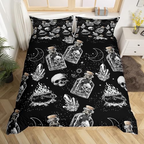 Homewish Halloween Totenkopf Bettwäsche Gotisch Schädel Bettbezug 135x200cm Kinder Sterne Mond Sternenhimmel Bettwäscheset Glasflasche Kristall Skeleton Brennender Schmelztiegel Bettset 1 Kissenbezug