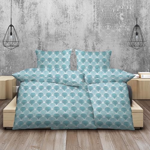 Casa Colori Renforce Bettwäsche | Petrol Türkis mit Wellen | 135x200cm, 80x80cm | 60% Baumwolle,40% Polyester 4tlg.