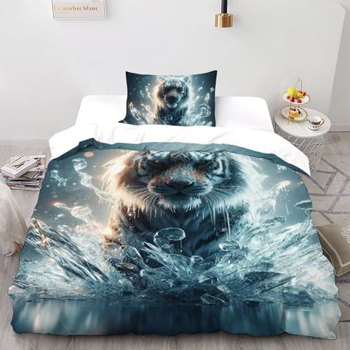 YOERHUGD Der weiße Tiger Bettbezug Waldtiere Bettwäsche Set 2 Teilig Mit Reißverschluss 1 Kissenbezug Mikrofaser Für Erwachsene Kinder Single?135x200cm?