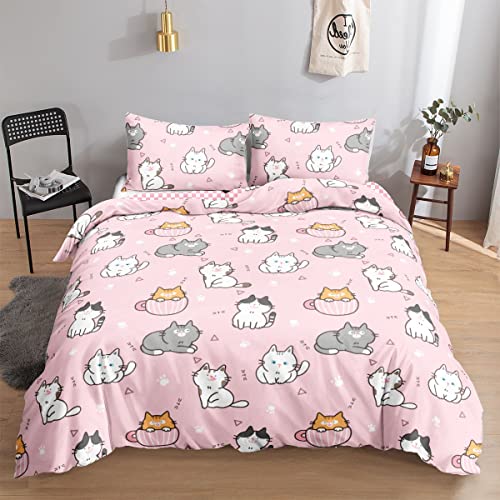 HOSIMA Katzen-Bettwäsche-Set, Bettbezug-Set für Erwachsene, Jungen und Mädchen, niedliche rosa Katze, Schachbrettmuster, Bettbezug mit Kissenbezug (Süße Katze S)