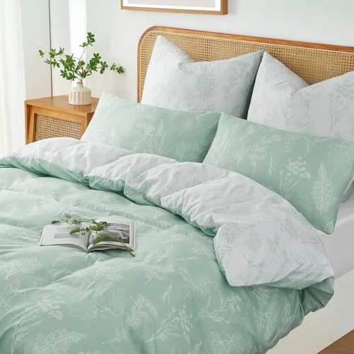 Duvetnova Bettwäsche 135x200 Blumen Grün Pflanzen Wende Weich und Angenehm ÖKO-TEX Bettwäsche-Sets 2 Bettbezüge 135 x 200+2 Kissenbezüge 80x80 -alle mit Reißverschluss