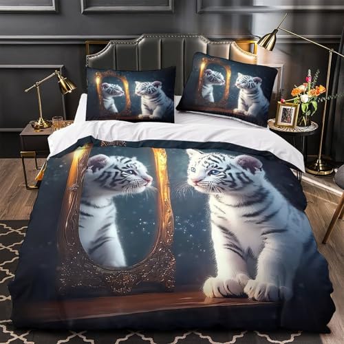 Weiß Tiger 3D-gedruckter Bettwäsche-Set dreiteiliger Fantasy Beast Bettdeckenbezug Zip Verschluss Atmungsaktiv Hautfreundlich mit Kopfkissenbezug for Fans,Frauen,Kinder,Jungen Single?135x200cm?