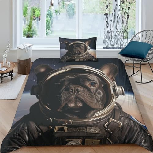 WXMMoney Bedrucktes Bettbezug-Set mit Astronauten-Bulldogge, warmer, seidiger Bettbezug, Bettwäsche-Set für Kinder, Teenager, Jungen, Mädchen, Raumdekoration, Bettbezug, Einzelbett (135 x 200 cm)