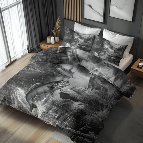 NOGAWA Barsch Hirsche Bettwäsche 200x220 - Bettbezug 200x220 Rustikal Jagd, Bettwäsche-Sets 3 teilig, Weich Mikrofaser Wendebettwäsche und 2 Kissenbezug 80x80 mit Reißverschluss