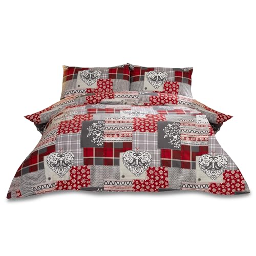 Alpine Patchwork 100% gebürsteter Baumwolle Feinbiber Bettwäsche Herz Bettdecke Bettbezug und Kissenbezug Bett-Set, Rot/Mehrfarbig, Single