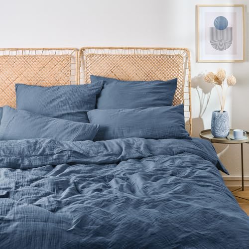 Blumtal Musselin Bettwäsche 155x220 cm + 80x80 cm - Oeko-TEX zert. Bettwäsche Musselin aus 100% Baumwolle - extra weiches Bettwäsche-Set waschbar bei 40 °C - Sommerbettwäsche Dunkelblau