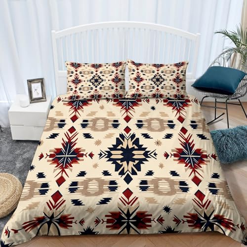 Bettbezug Traditionell Stammesmuster Motiv, Weich Mikrofaser Bettwäsche-Set mit 2 Kissenbezug, 150 x 200 cm Bettbezug für Damen Herren Zimmer Dekoration Cremefarben Bedruckter Bettwäsche Set