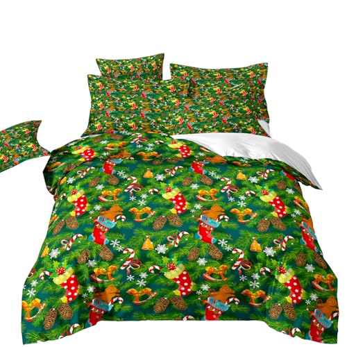 RZPFQB Weihnachten Kinder Bettwäsche 200x200 Bettwäsche Set für Teens Jungen Mädchen Kinderbettwäsche Weihnachtsbaum, Weihnachtsmützen Bettbezug Set Rot und Grün Microfaser Bettwäscheset