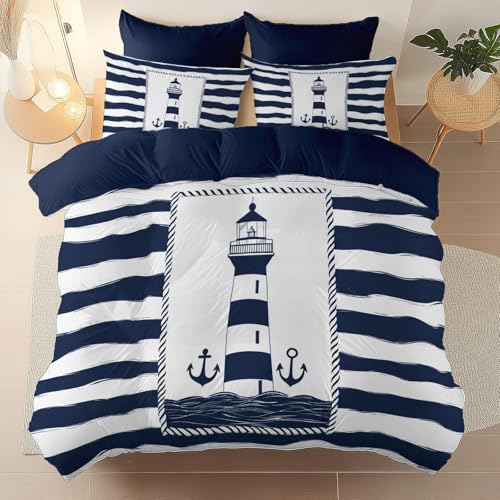 Retro Linien Leuchtturm Bettbezug 155 x 220 cm Bettdecke Set Jugendliche Schlafzimmer Dekor, Marine Doppelseitig Bettbezug mit Reißvers, Bettwäsche-Set Weich Atmungsaktiv Hautfreundlich