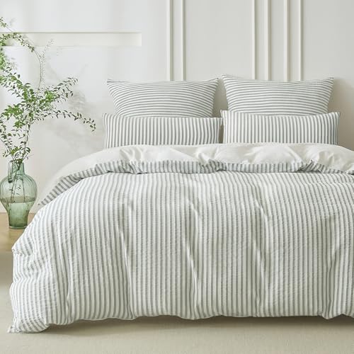 SOULFUL Bettwäsche 135x200 Baumwolle Gestreift, Jacquard Gewaschene Baumwolle Boho Bettwäsche-Sets Atmungsaktiv Öko-Tex 100 Zertifiziert-Hellgrün