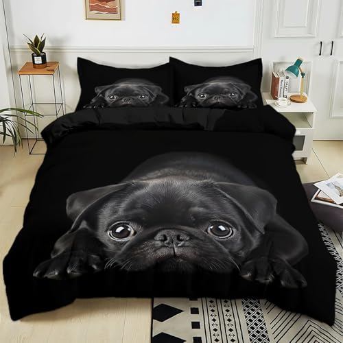 Bettbezug 220x240 cm Schwarzer Mops Bettbezug Bettwäsche-Set für Jungen Mädchen Kinder Weiche Polyester-Baumwolle Wende Bettwäsche mit 2 Kissenbezug