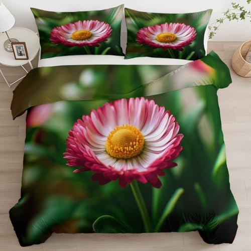 Srigzcaly Bettwäsche 200 x 200 cm Modern HD Rosa Gänseblümchen Foto Bettbezug, Grün wendebettwäsche mit Reißverschluss - Weiche Fein Mikrofaser Bettwäsche Set - 3 Teilig Bettbezüge mit 2 Kissenbezüge